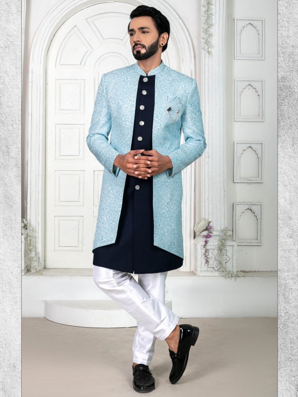 Jacquard Silk IndoWestern Ready Made Dress in Sky Blue & Blue  color  