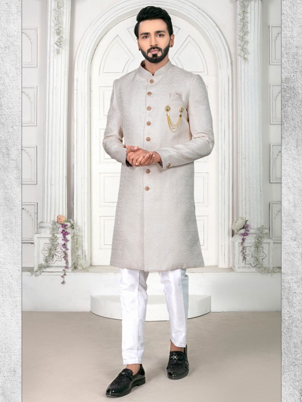 Jacquard Silk IndoWestern Ready Made Dress in Cream color  