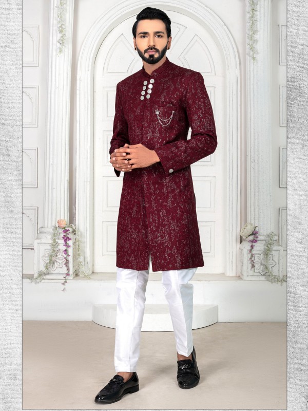 Jacquard Silk IndoWestern Ready Made Dress in Maroon color  