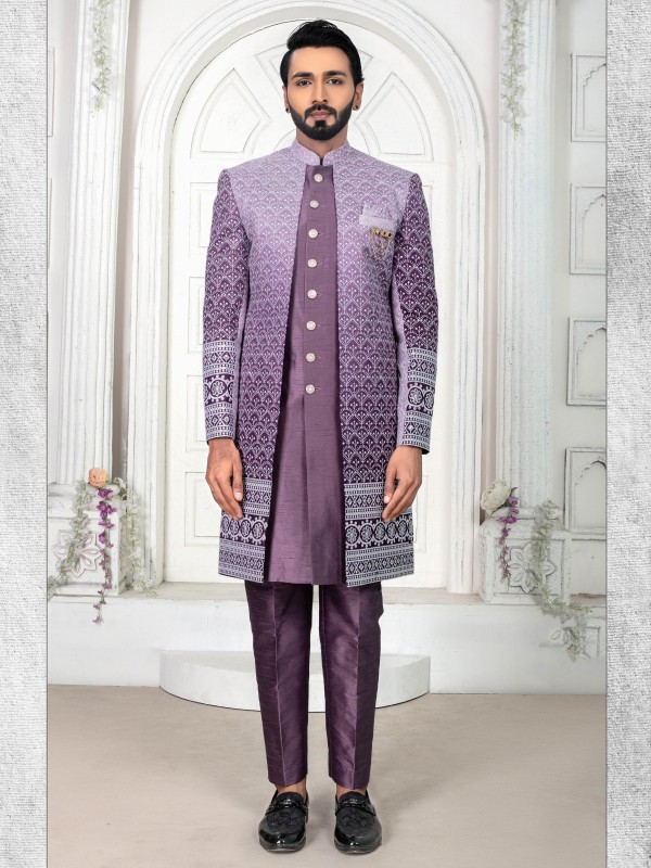 Pure Silk IndoWestern Ready Made Dress in Purple Color with Embroidery work 
