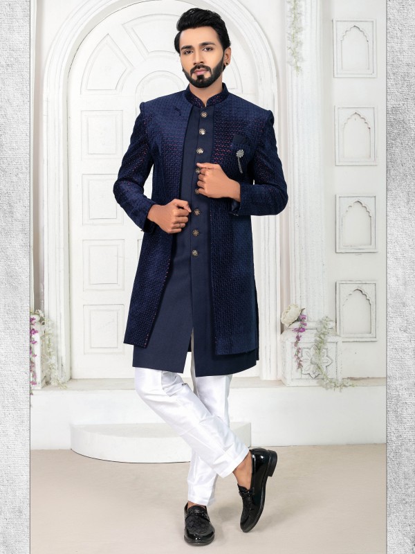 Pure Micro Velvet with IndoWestern Ready Made Dress in Navy Blue Color with Embroidery work 