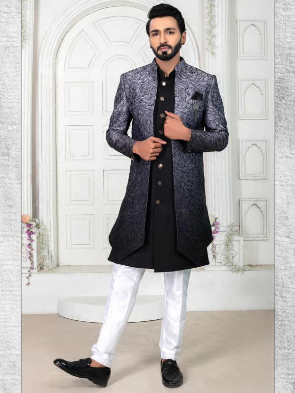 Pure Silk IndoWestern Ready Made Dress in Black Color with Embroidery work 