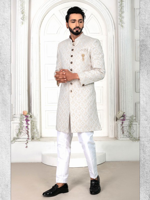 Jacquard Silk IndoWestern Ready Made Dress in Light Cream color  