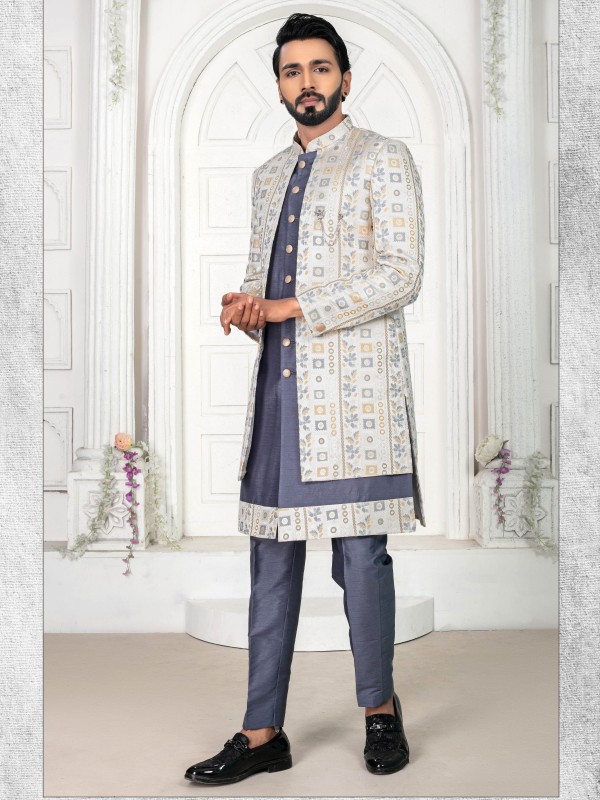 Jacquard Silk IndoWestern Ready Made Dress in Grey color  