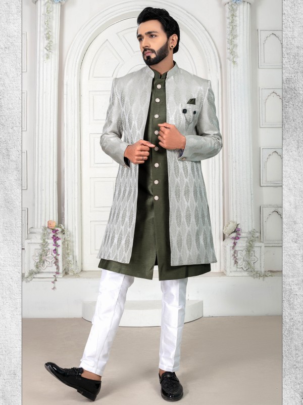 Jacquard Silk IndoWestern Ready Made Dress in Mahendi Green color  