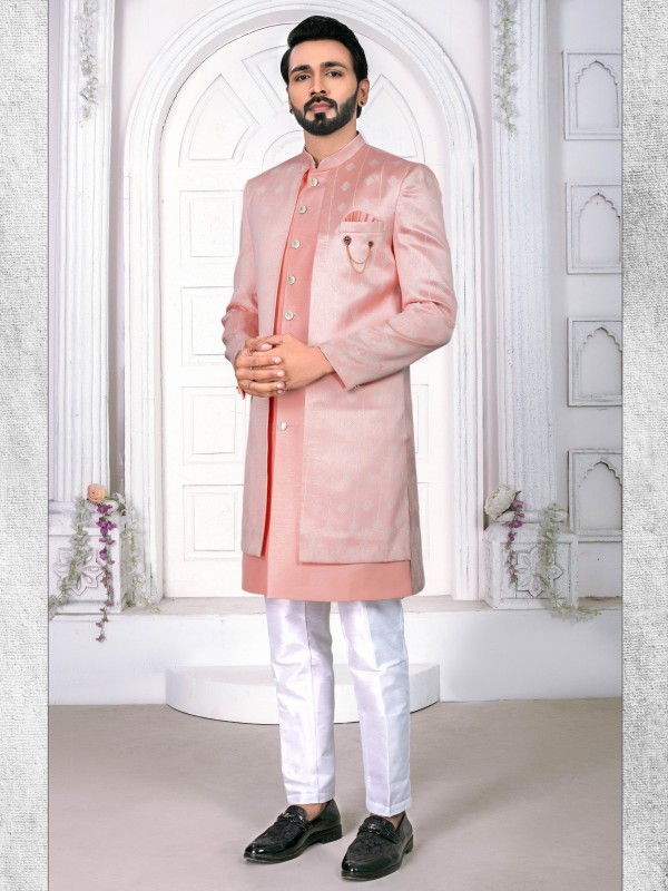 Jacquard Silk IndoWestern Ready Made Dress in Peach color  
