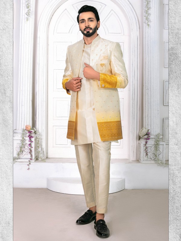 Jacquard Silk IndoWestern Ready Made Dress in Cream color  