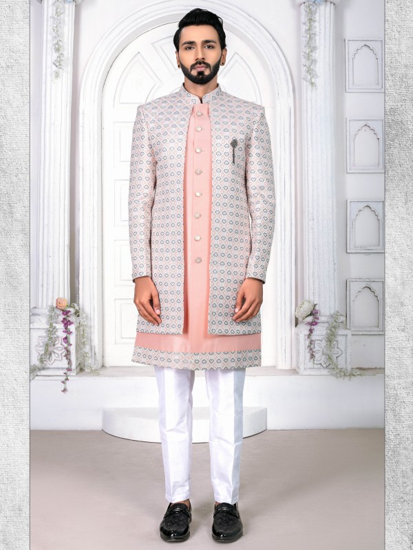 Jacquard Silk IndoWestern Ready Made Dress in Peach color  