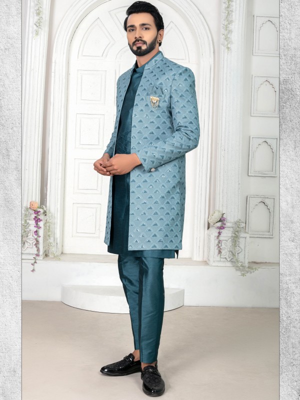 Pure Silk IndoWestern Ready Made Dress in Peacock Blue Color with Embroidery work 