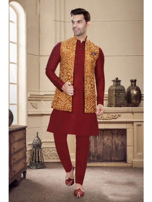 Art Silk Function Wear Heavy Readymade Men's Kurta Paijama With Jacket 