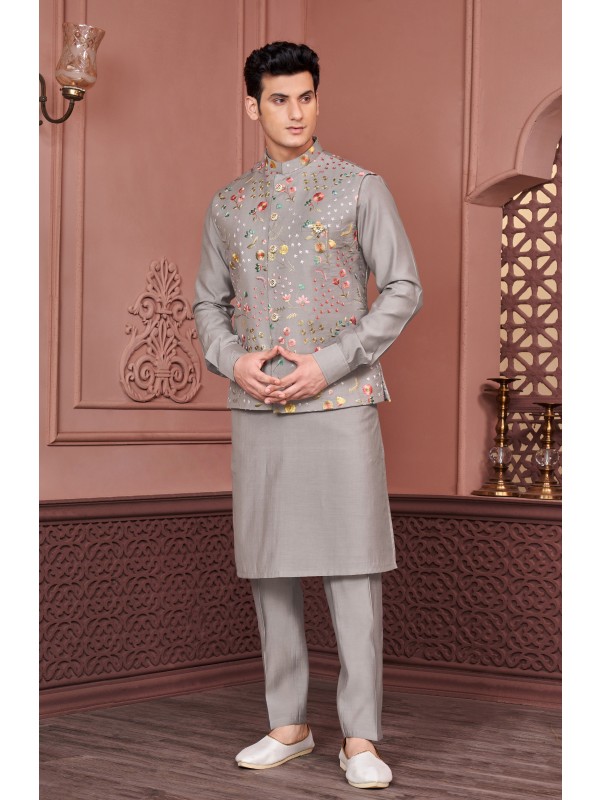 Art Embroidered Banarasi Silk Function Wear Heavy Readymade Men's Kurta Paijama With Jacket 