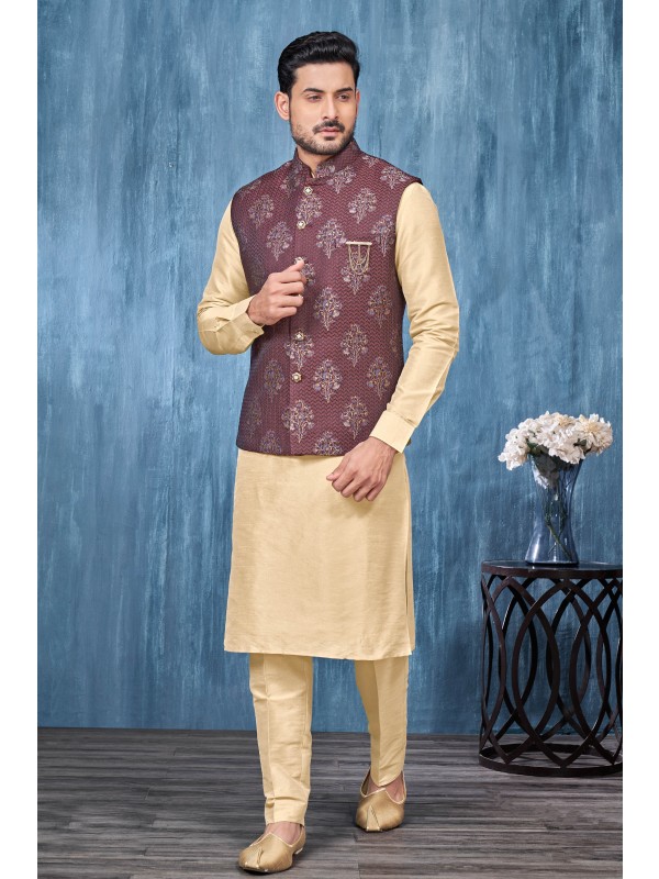 Jacquard Silk Function Wear Heavy Readymade Men's Kurta Paijama With Jacket 