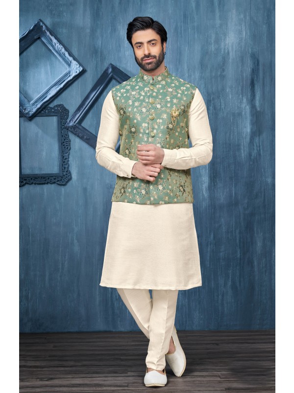 Jacquard Silk Function Wear Heavy Readymade Men's Kurta Paijama With Jacket 