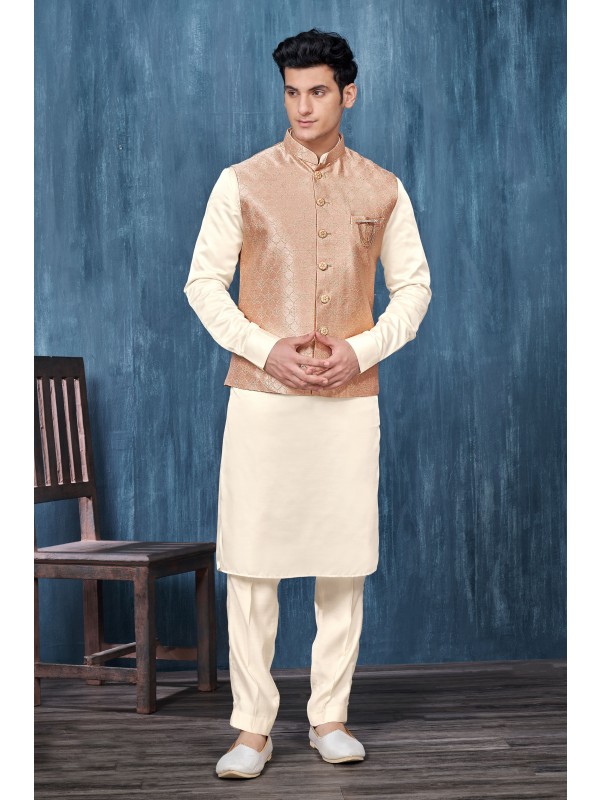 Jacquard Silk Function Wear Heavy Readymade Men's Kurta Paijama With Jacket 