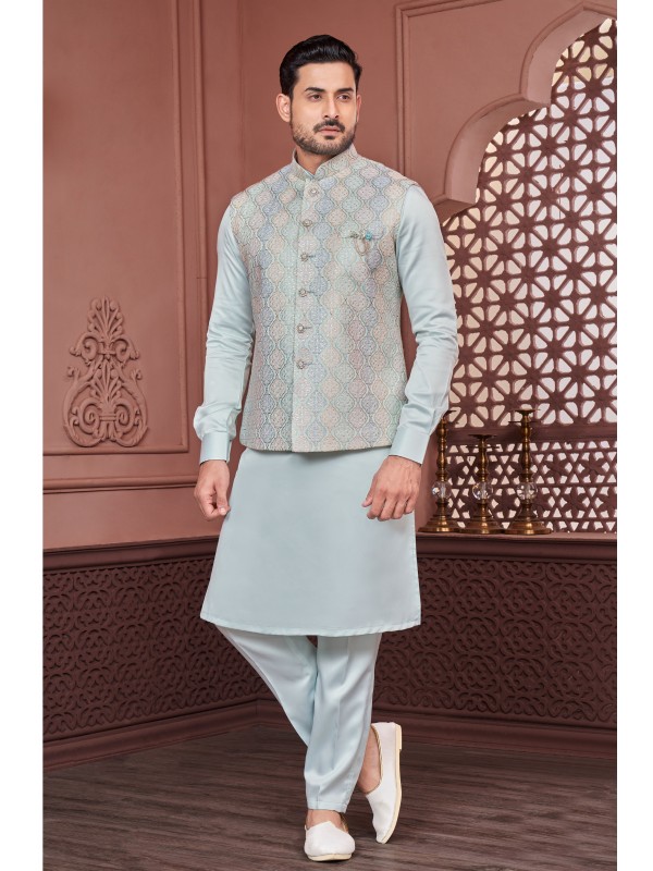 Art Embroidered Banarasi Silk Function Wear Heavy Readymade Men's Kurta Paijama With Jacket 