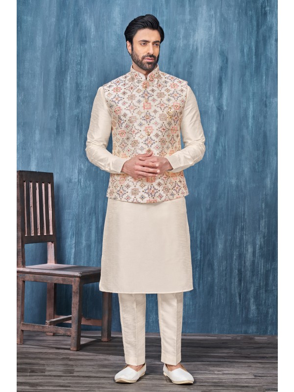 Art Embroidered Banarasi Silk Function Wear Heavy Readymade Men's Kurta Paijama With Jacket 