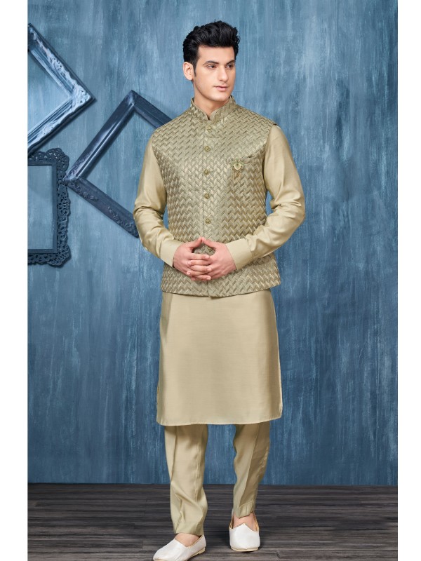 Art Embroidered Banarasi Silk Function Wear Heavy Readymade Men's Kurta Paijama With Jacket 