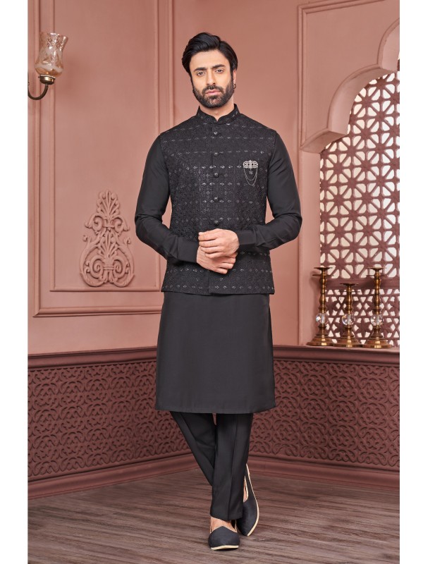 Art Embroidered Banarasi Silk Function Wear Heavy Readymade Men's Kurta Paijama With Jacket 