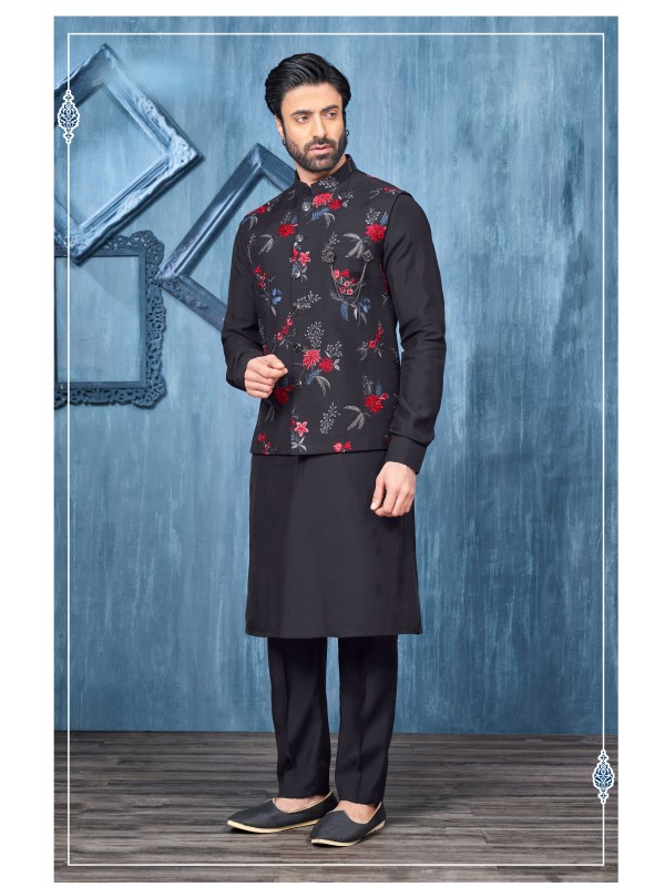 Art Embroidered Banarasi Silk Function Wear Heavy Readymade Men's Kurta Paijama With Jacket 
