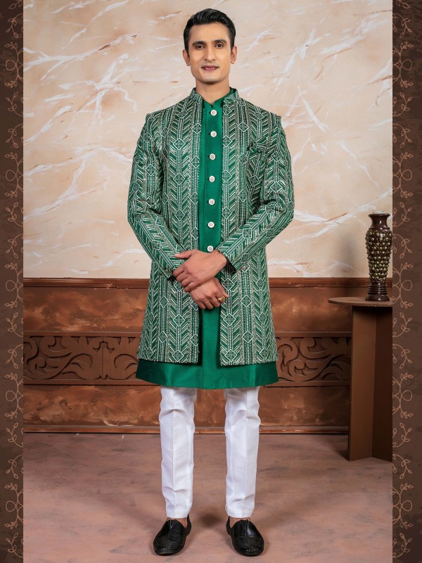 Pure Silk Fabric IndoWestern Ready Made Dress in Green with Embroidery Work 