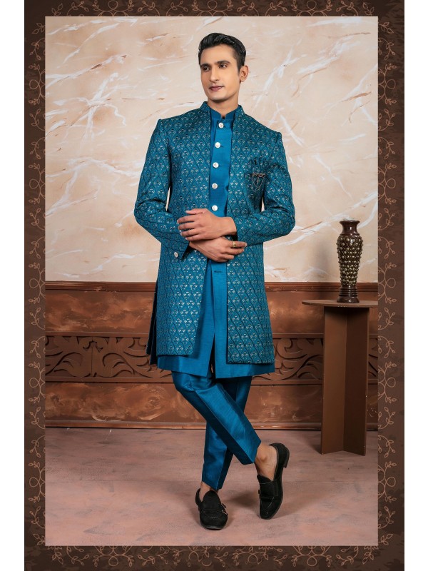 Pure Silk Fabric IndoWestern Ready Made Dress in Peacock Rama with Embroidery Work 