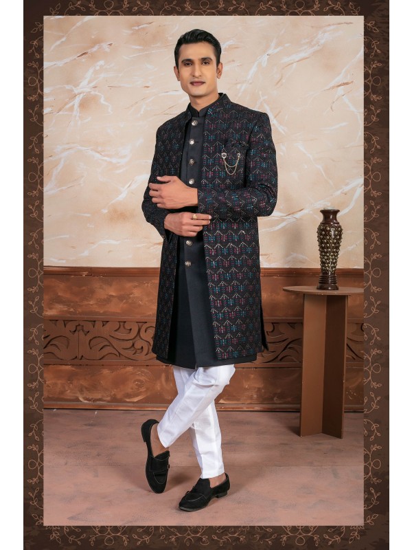 Heavy Imparted Silk Fabric IndoWestern Ready Made Dress in Black with Embroidery Work 