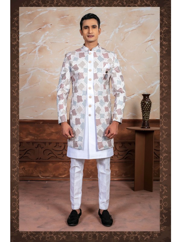 Pure Silk Fabric IndoWestern Ready Made Dress in Cream with Sequence Embroidery Work 