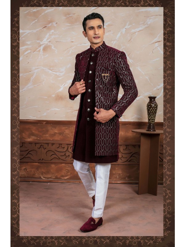 Velvet Fabric IndoWestern Ready Made Dress in Maroon color with Embroidery Work 