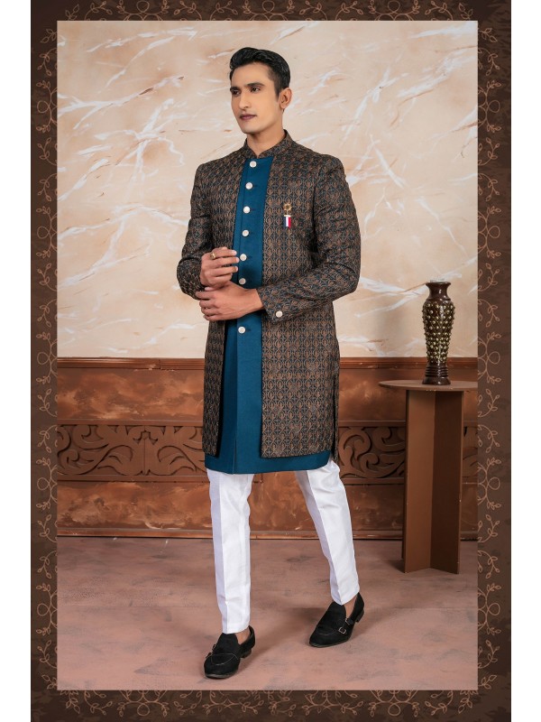 Pure Silk Fabric IndoWestern Ready Made Dress in Peacock Rama color with Embroidery Work 