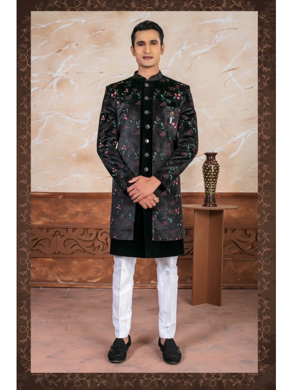 Velvet Fabric IndoWestern Ready Made Dress in Black color with Embroidery Work 