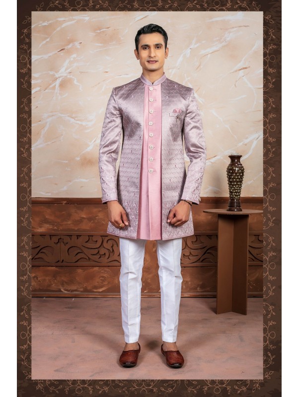 Pure Silk Fabric IndoWestern Ready Made Dress in Lavender Pink with Embroidery Work 