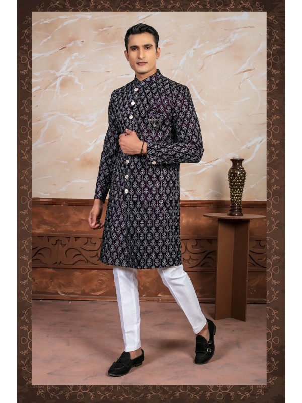 Velvet Fabric IndoWestern Ready Made Dress in Wine color with Embroidery Work 