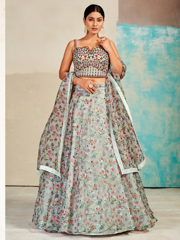 Organza  Fabrics Party Wear Lehenga in Grey Color With Embroidery Work 