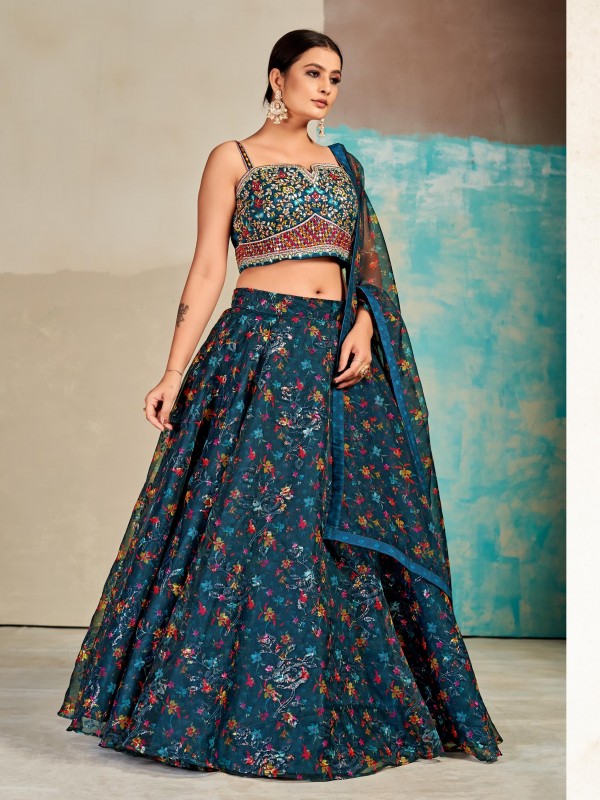 Organza  Fabrics Party Wear Lehenga in Teal Blue Color With Embroidery Work 