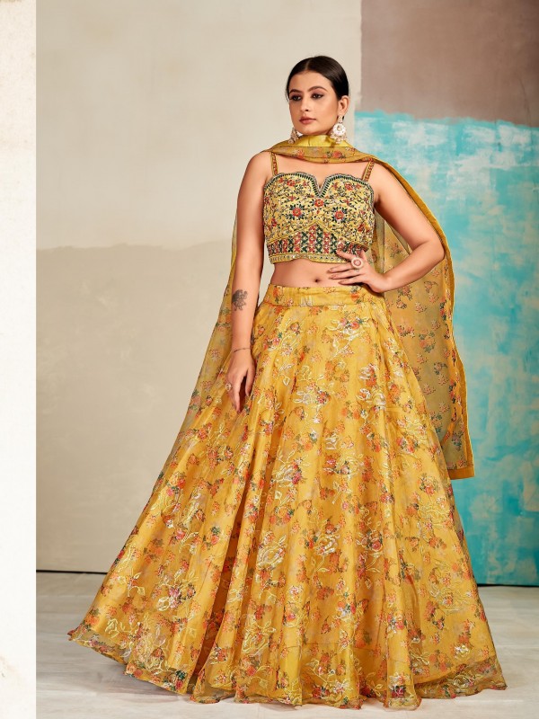 Organza  Fabrics Party Wear Lehenga in Mustard Color With Embroidery Work 