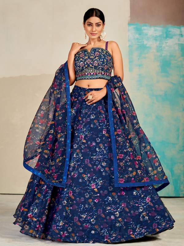 Organza  Fabrics Party Wear Lehenga in Blue Color With Embroidery Work 