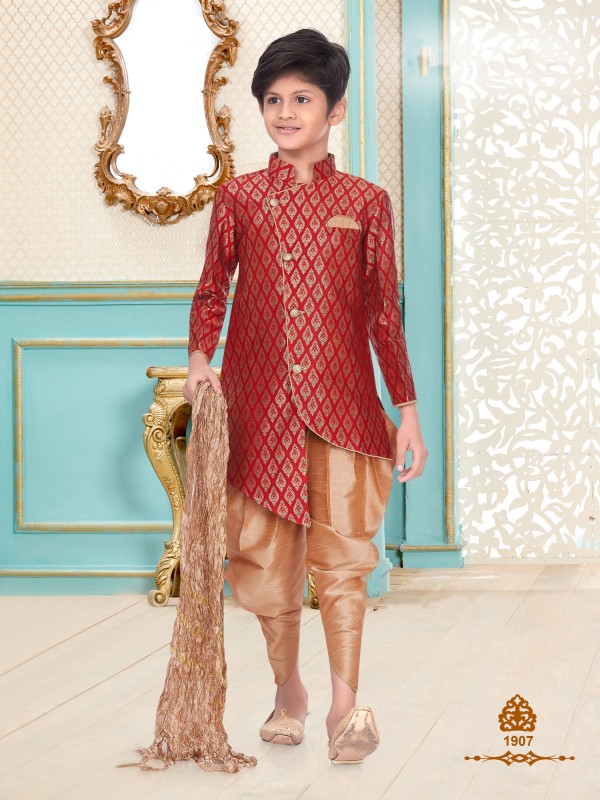 Banarasi Silk Wedding Wear Readymade Kids Kurta set in Maroon 