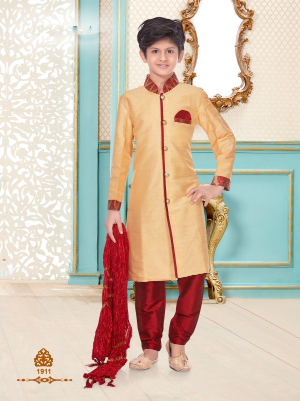 Cotton Silk Wedding Wear Readymade Kids Kurta set in Cream Gold 