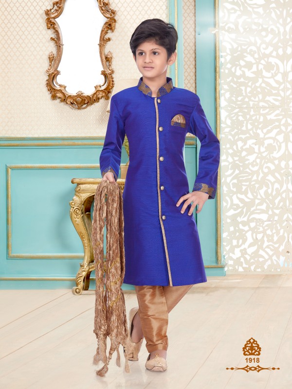 Cotton Silk Wedding Wear Readymade Kids Kurta set in Royal Blue 