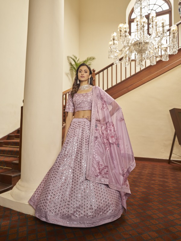 Soft Silk  Party Wear Lehenga In Lavender With Embroidery Work