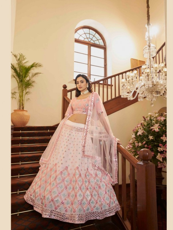 Georgette  Party Wear Lehenga In Pink & White Color With Embroidery Work