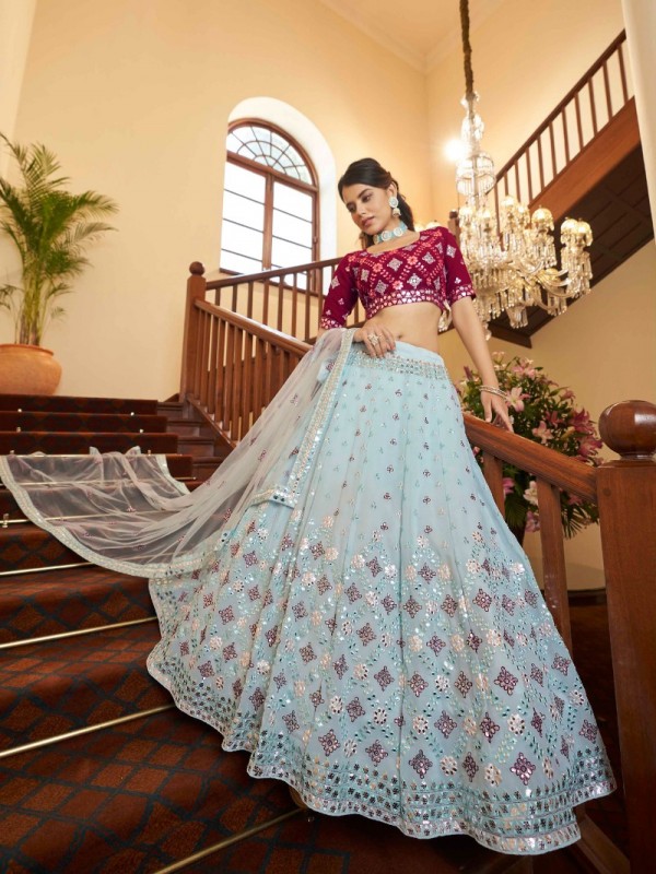 Georgette  Party Wear Lehenga In Blue  Color With Embroidery Work