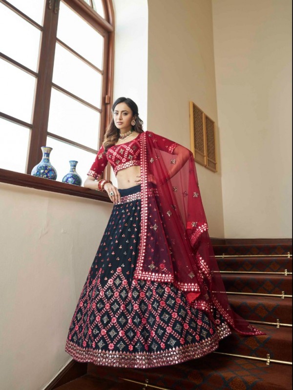 Georgette  Party Wear Lehenga In Teal Blue & Maroon  Color With Embroidery Work