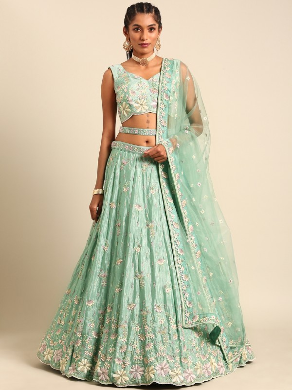 Pure Georgette Party Wear Wear Lehenga In Sea Green Color With Embroidery Work 