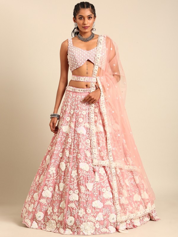 Pure Chinon Silk Lehenga In Rose Gold Color With Embroidery Work 