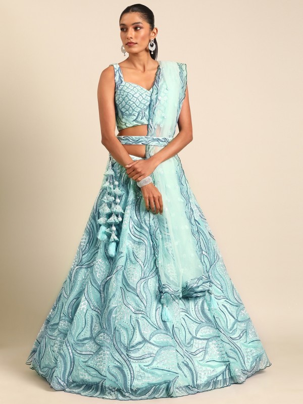 Soft Premium Net Party Wear Wear Lehenga In Turquoise Blue Color With Embroidery Work 