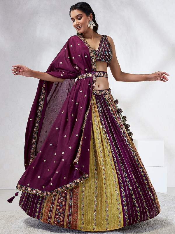 Pure Chiffon Lehenga In Burgundy Color With Embroidery Work & Sequence Work  