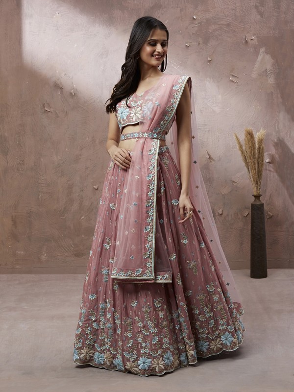 Pure Georgette Party Wear Wear Lehenga In Coral Color With Embroidery Work 