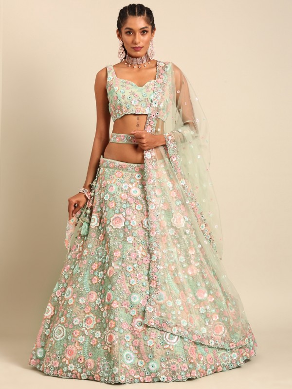 Soft Premium Net Party Wear Wear Lehenga In Lime Green Color With Embroidery Work & Mirror Work  