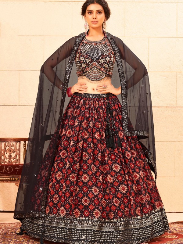 Georgette Fabrics  Wedding Wear Lehenga in  Black  Color With Embroidery Work